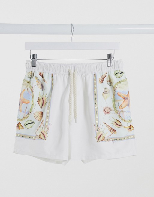 ASOS DESIGN swim shorts in silky base with border print in short length