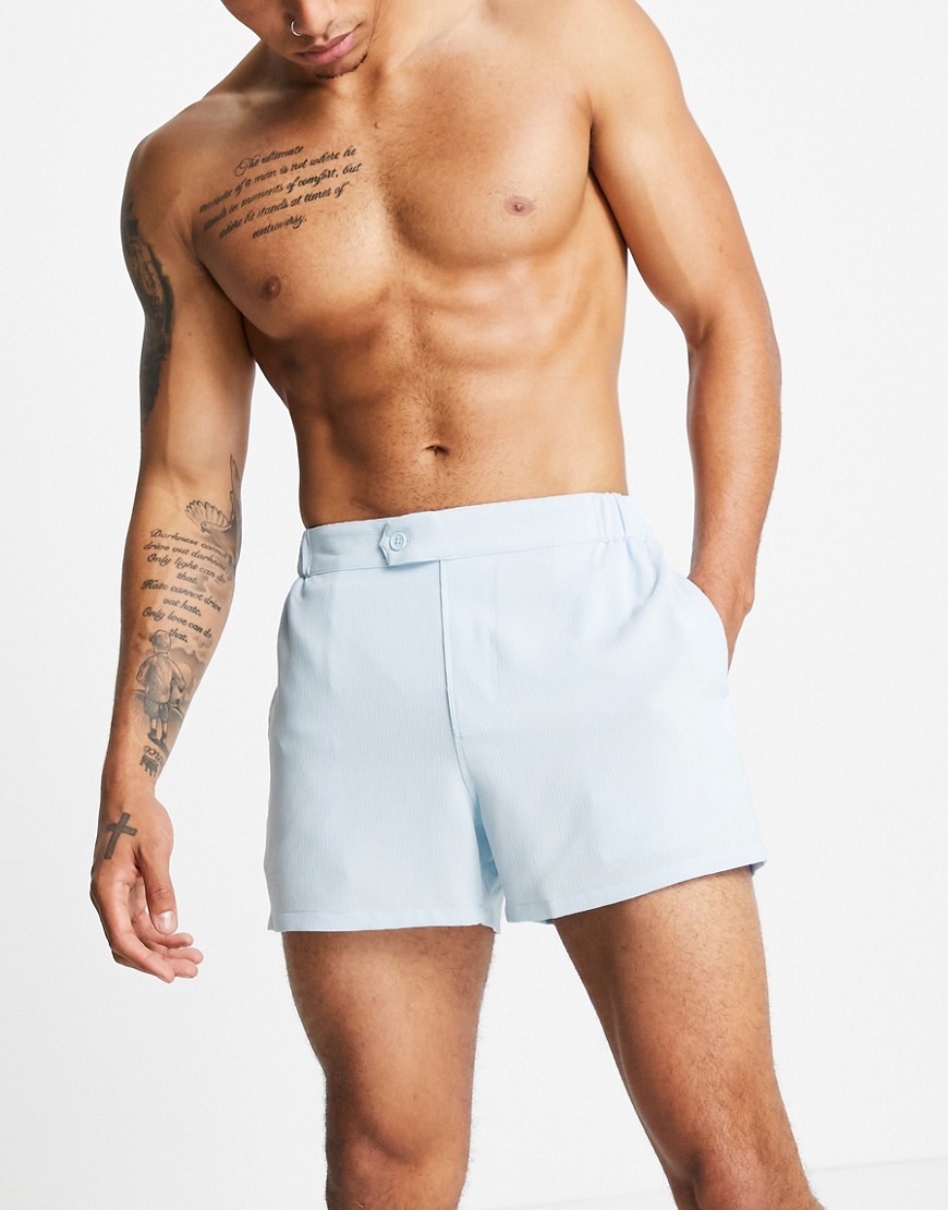 ASOS DESIGN swim shorts in smart look pastel blue short length-Blues
