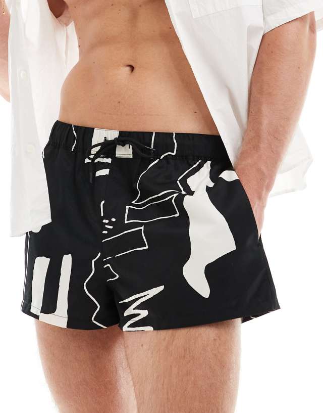 ASOS DESIGN - swim shorts in super short length in black print