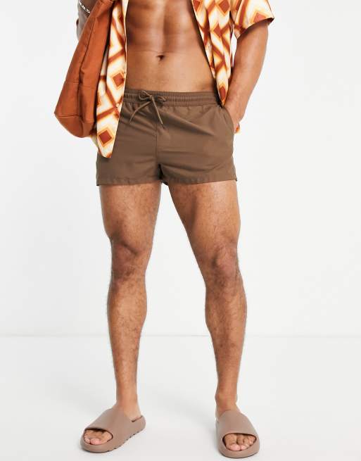 ASOS DESIGN swim shorts in super short length in brown | ASOS