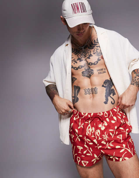 ASOS DESIGN swim shorts in super short length in floral print in red - view 1