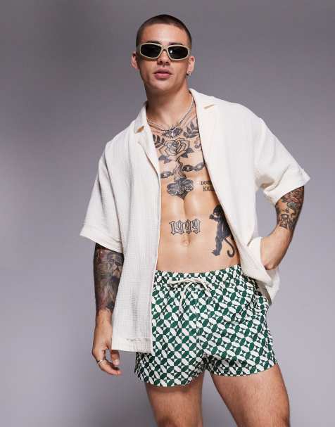 ASOS DESIGN swim shorts in super short length in geo print in green - view 1