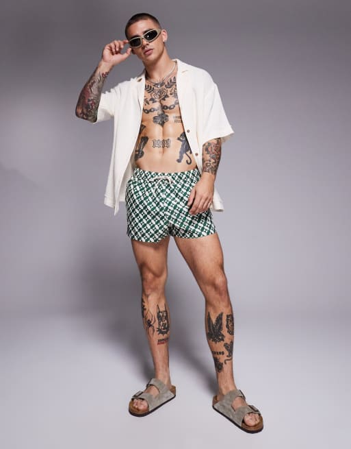 ASOS DESIGN swim shorts in super short length in geo print in green, 2 of 4