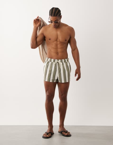 ASOS DESIGN swim shorts in super short length in khaki stripe - view 1