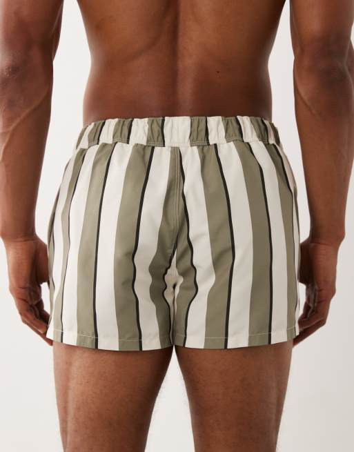 ASOS DESIGN swim shorts in super short length in khaki stripe, 3 of 5