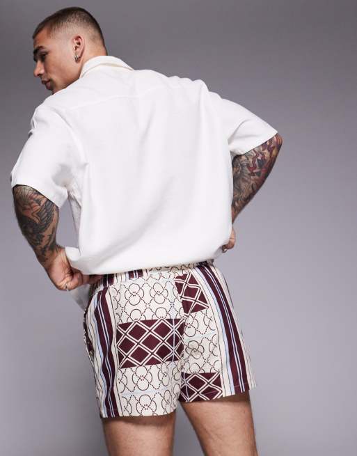 ASOS DESIGN swim shorts in super short length in patchwork print in burgundy, 3 of 4