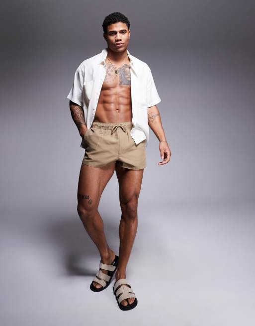 ASOS DESIGN swim shorts in super short length in stone, 2 of 4