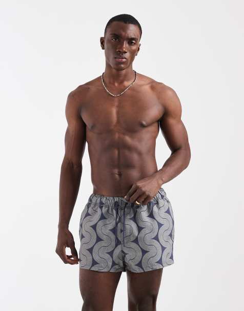 ASOS DESIGN swim shorts in super short length in wavy print in navy - view 1