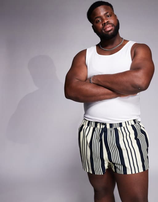 ASOS DESIGN swim shorts in super short length in yellow and navy stripe, 2 of 4