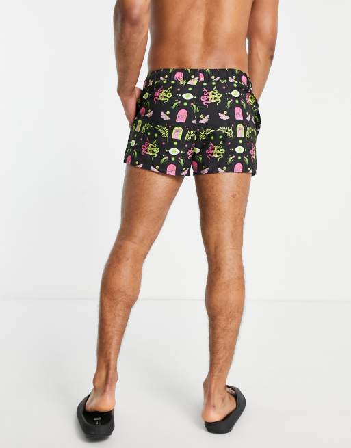 ASOS DESIGN swim shorts in super short length with bright print in black