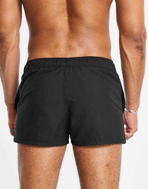 ASOS DESIGN swim shorts in super short length with palm tree placement print  in black