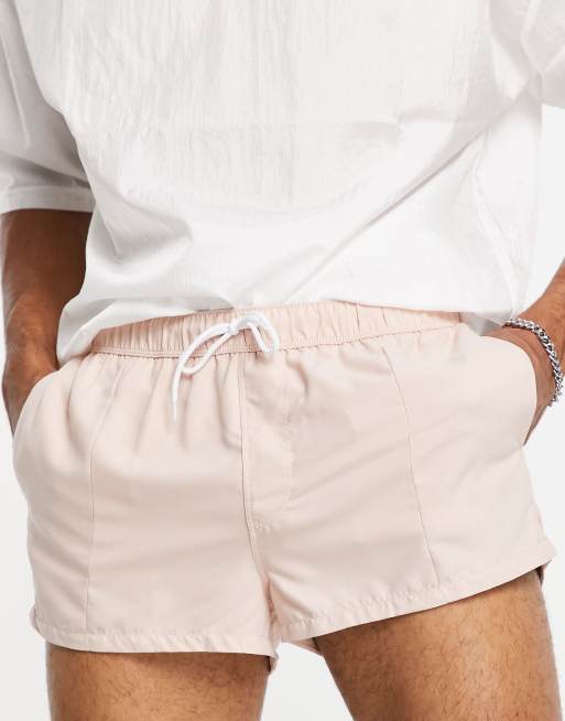 ASOS DESIGN swim shorts in super short length with pin tuck in light pink
