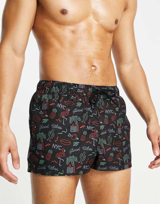 ASOS DESIGN swim shorts in super short length with Vegas print in black