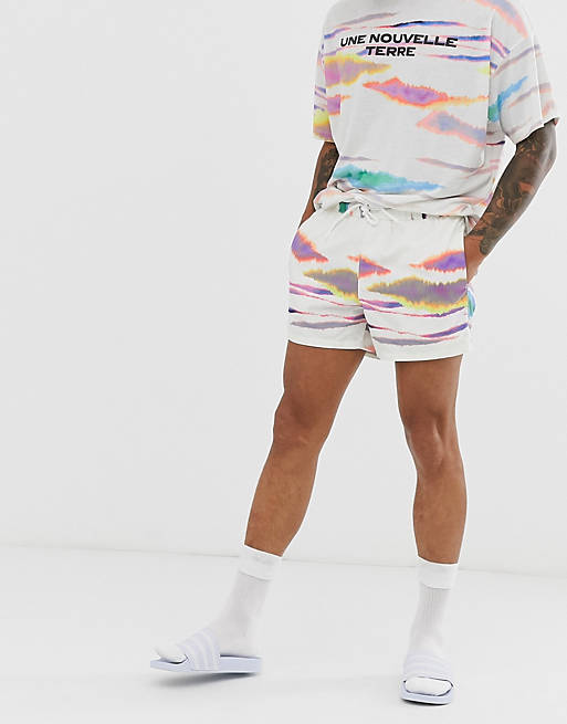 ASOS DESIGN swim shorts in white tie dye and contrast drawcord in short length