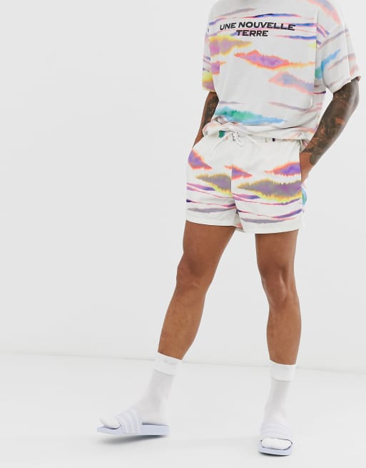 ASOS DESIGN swim shorts in white tie dye and contrast drawcord in short