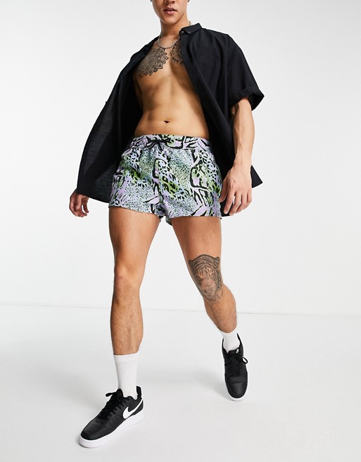 ASOS DESIGN swim shorts with animal print in super short length