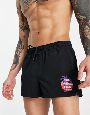ASOS DESIGN swim shorts with badging in black super short length