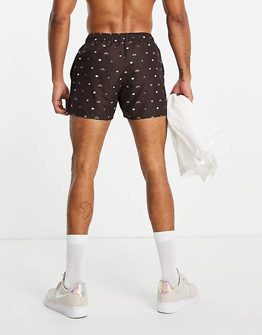 Men swim shorts with ditsy print in brown short length 