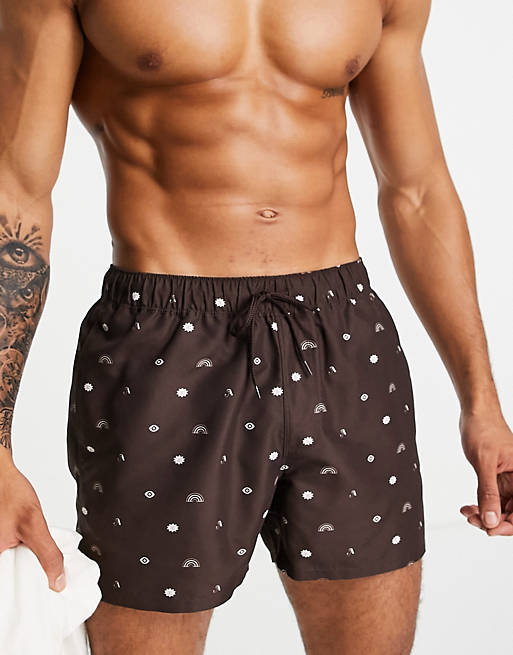 Men swim shorts with ditsy print in brown short length 