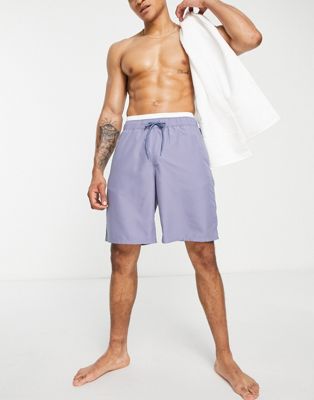 ASOS DESIGN swim shorts in long length with double waistband in light blue