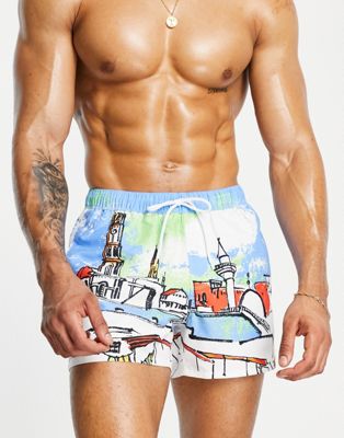 ASOS DESIGN swim shorts with landscape print short length