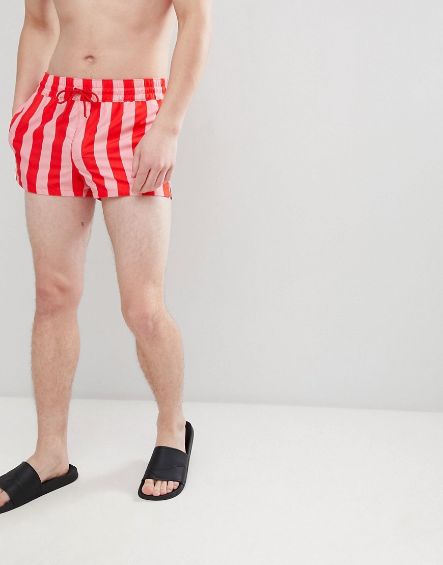 ASOS DESIGN Swim Shorts With Pink & Red Stripe In Super Short Length-Multi