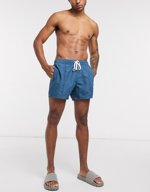 ASOS DESIGN swim shorts with pintuck in blue short length