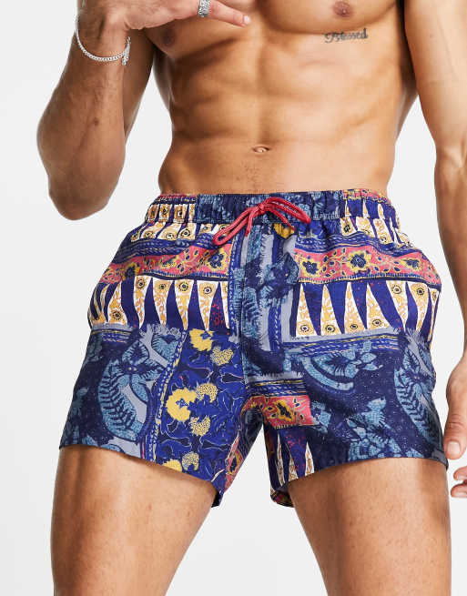 ASOS DESIGN swim shorts with retro pattern short length