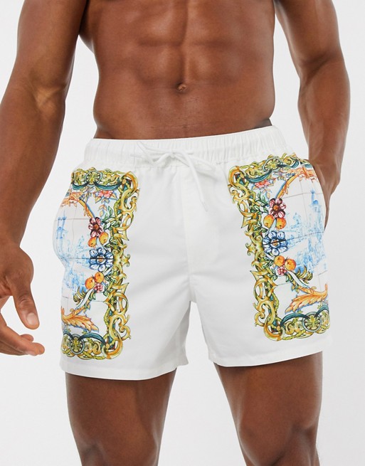 ASOS DESIGN swim shorts with riveria placement print in white short length