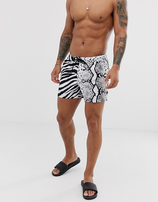 ASOS DESIGN swim shorts with spliced cut and sew animal print short length