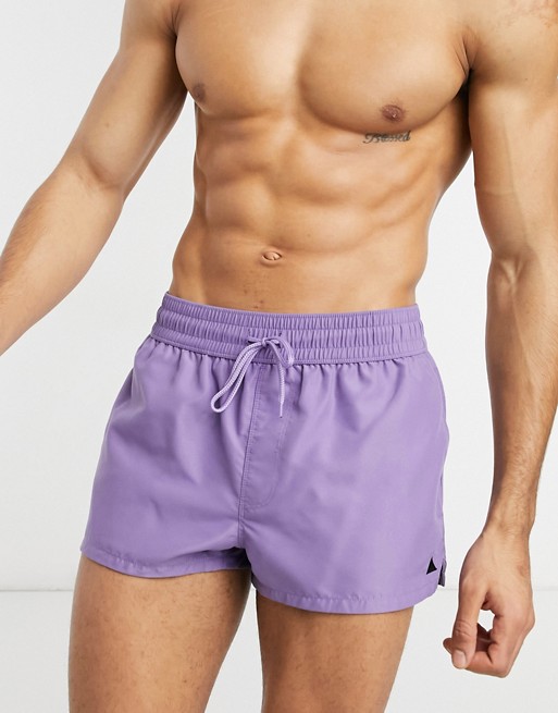 ASOS DESIGN swim shorts with triangle logo in purple super short length