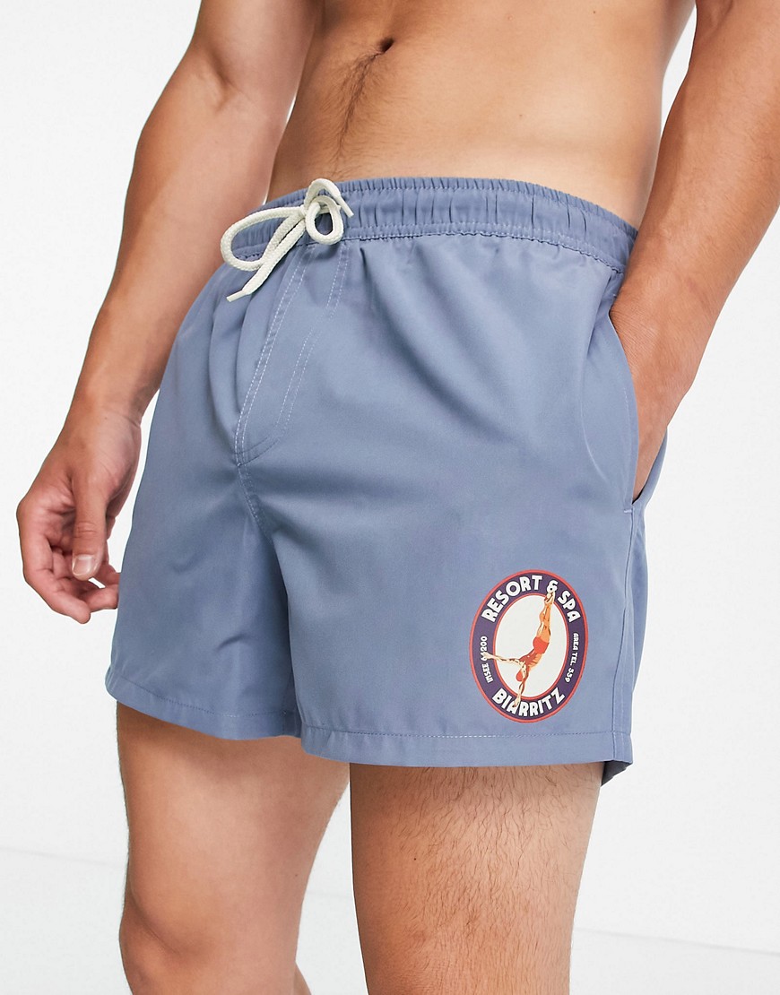ASOS DESIGN swim shorts with vintage swim logo short length-Blues