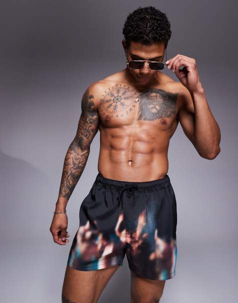ASOS DESIGN swims short in short length with blurred photographic print in black - view 1