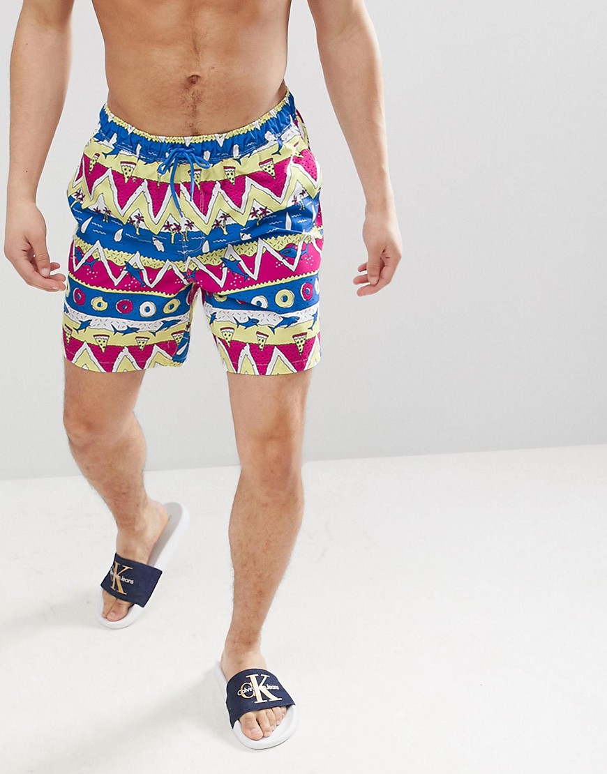 ASOS DESIGN Swims Short With Pizza And Shark Print In Mid Length-Blue