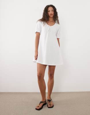 Asos Design Swing Baby Doll Mini Dress With Puff Sleeve In White