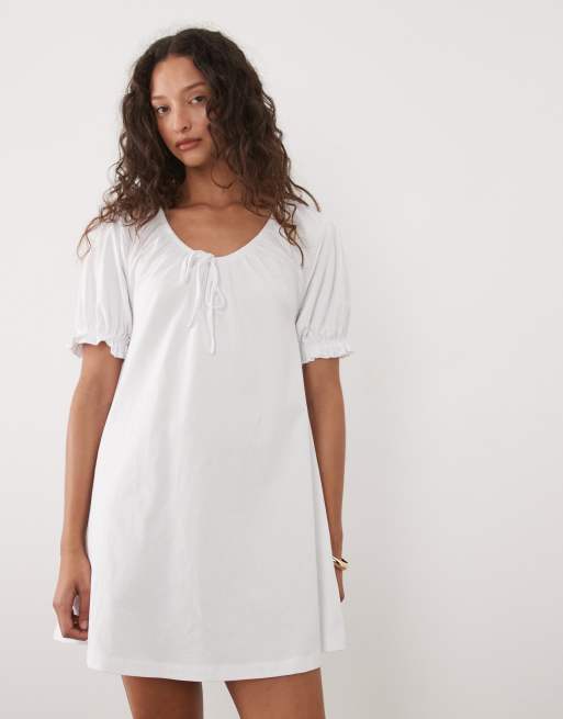ASOS DESIGN swing baby doll mini dress with puff sleeve in white, 2 of 4