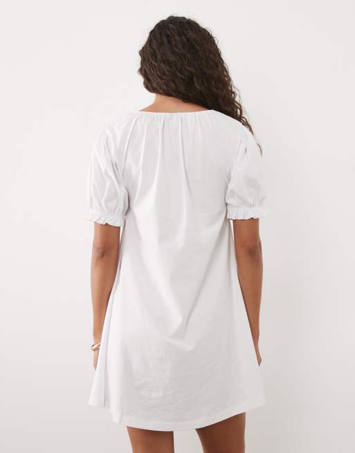 ASOS DESIGN swing baby doll mini dress with puff sleeve in white, 4 of 4