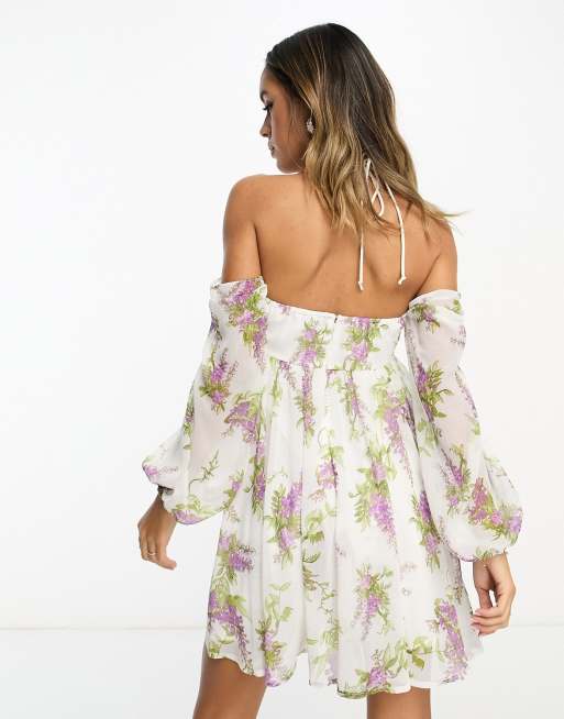 ASOS DESIGN Swing babydoll bardot mini jurk in wisteria
