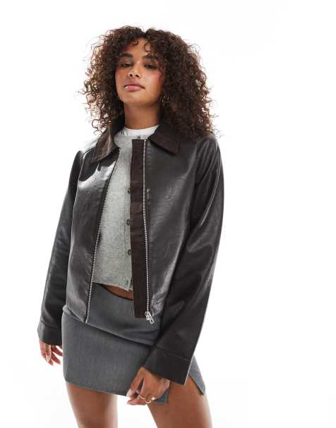 ASOS DESIGN swing leather look crop barn jacket in brown - view 1