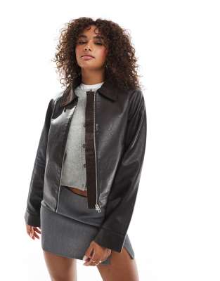 ASOS DESIGN swing leather look crop barn jacket in brown