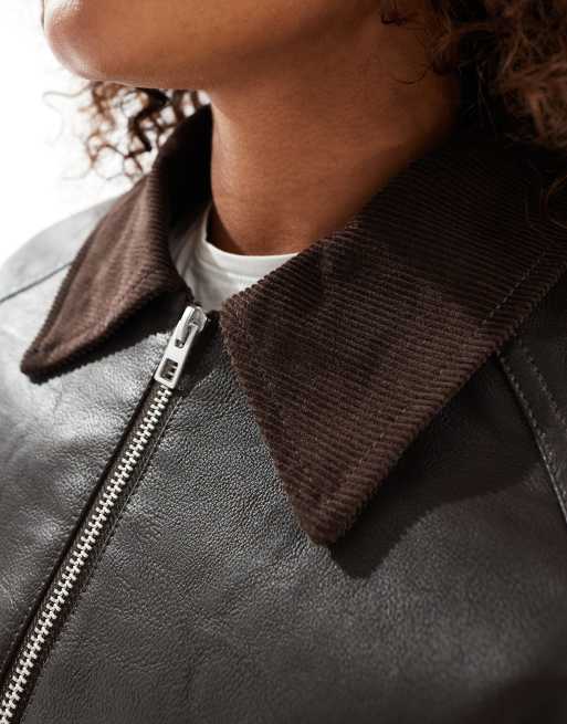 ASOS DESIGN swing leather look crop jacket in brown, 3 of 4