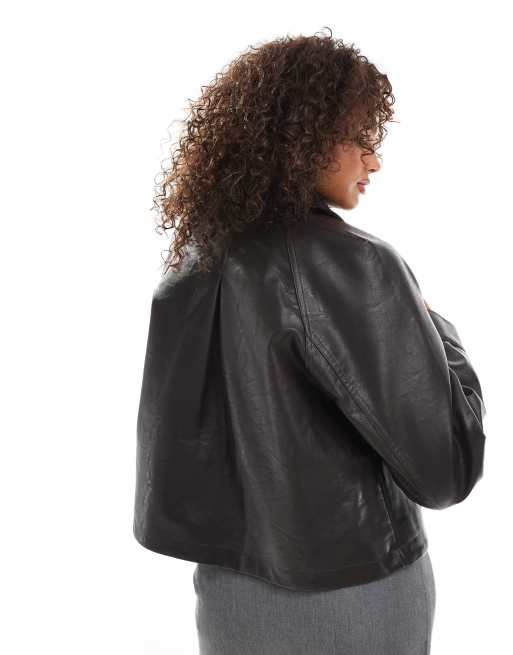 ASOS DESIGN swing leather look crop jacket in brown, 4 of 4