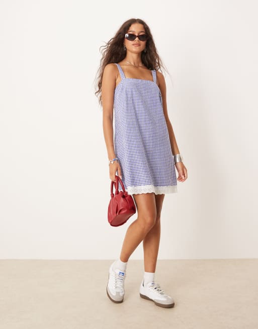 ASOS DESIGN swing mini dress with broderie hem in navy gingham, 3 of 4