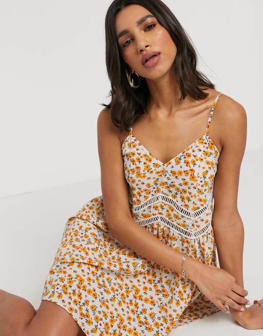 Asos Design Swing Mini Sundress In Ditsy Floral Print With Lace Inserts