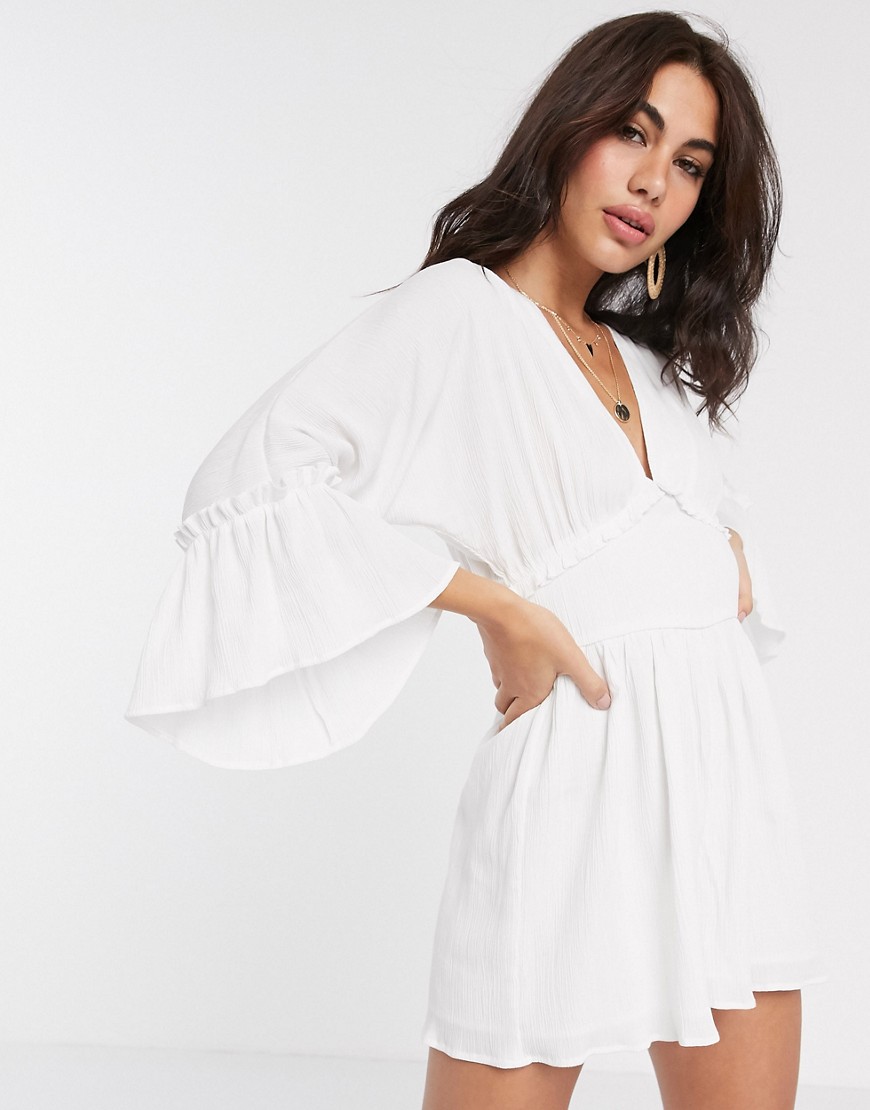 ASOS DESIGN swing playsuit with frill sleeve in crinkle in white-Multi