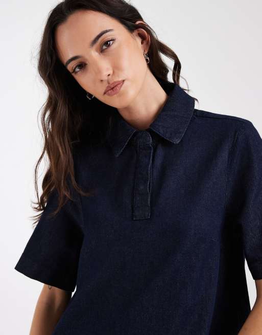 ASOS DESIGN - Swing-skjortekjole med polokrave i denim i skyllet vask, 3 af 4