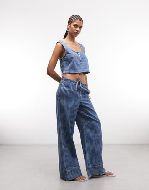 ASOS DESIGN - Swing-top med cami-stropper, broderier og striber i denim - Del af sæt - view 1