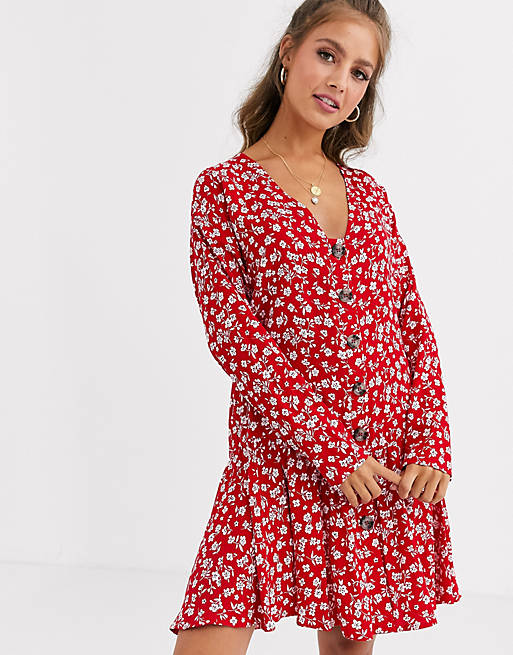 ASOS DESIGN swing trapeze mini dress with pep hem in red ditsy floral ...