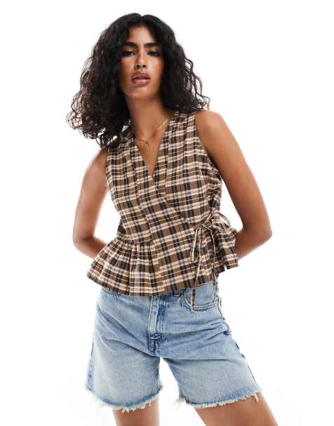 ASOS DESIGN swing wrap top in plaid - view 1