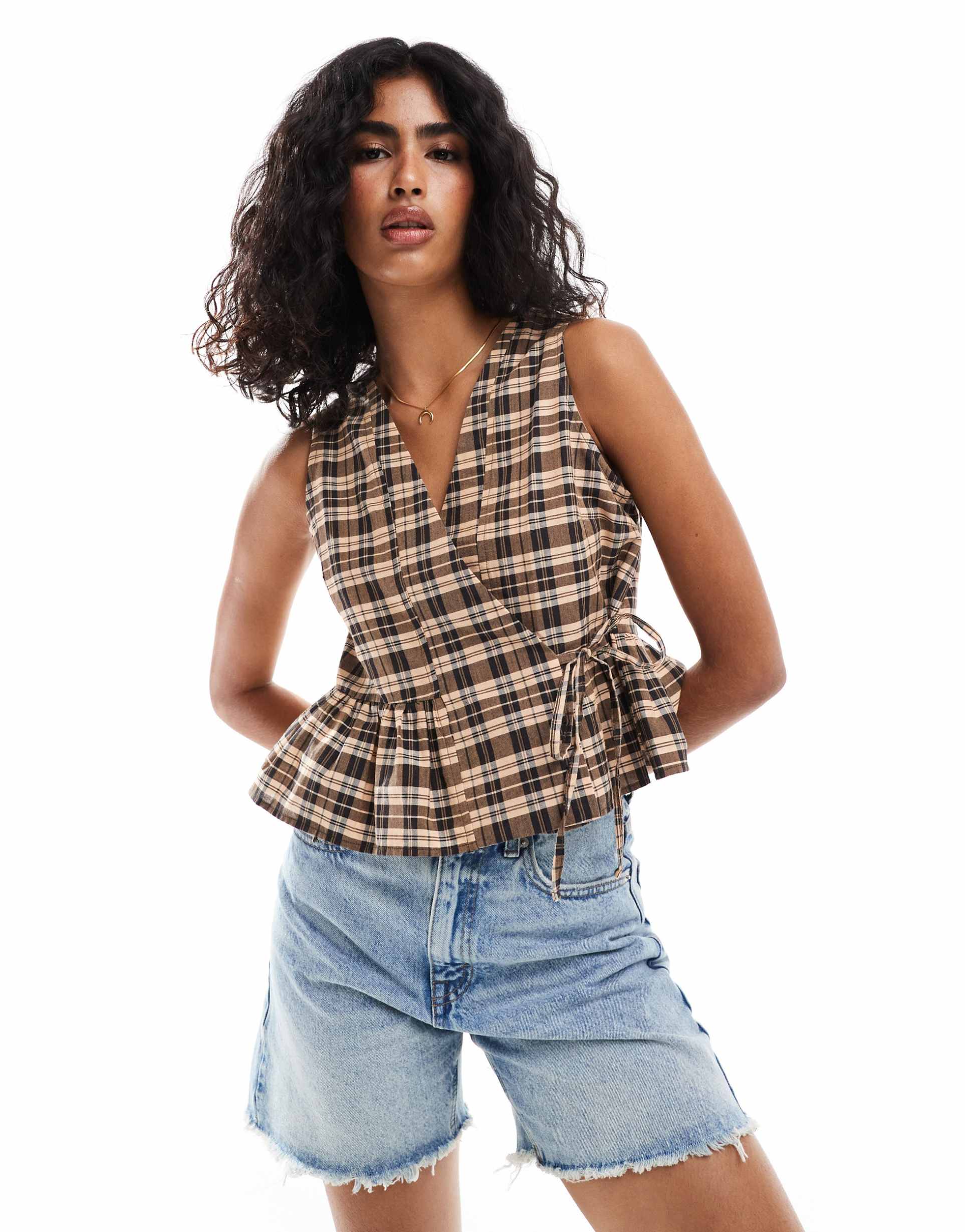 asos design swing wrap top in plaid